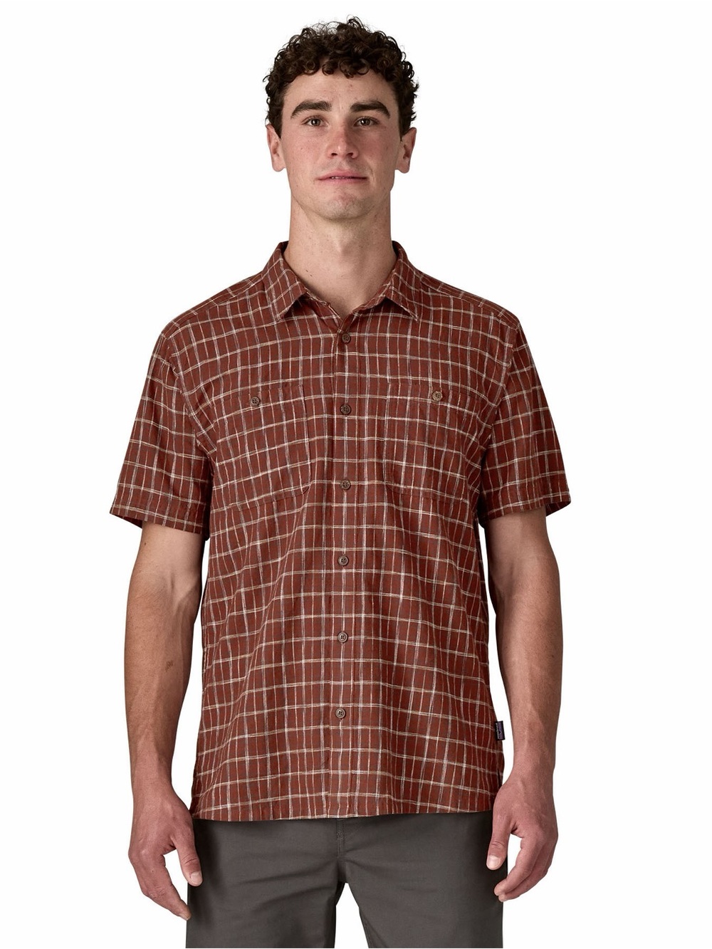 Patagonia Renewal Brown Orange Plaid Back Step Button Front Short Sleeve Shirt